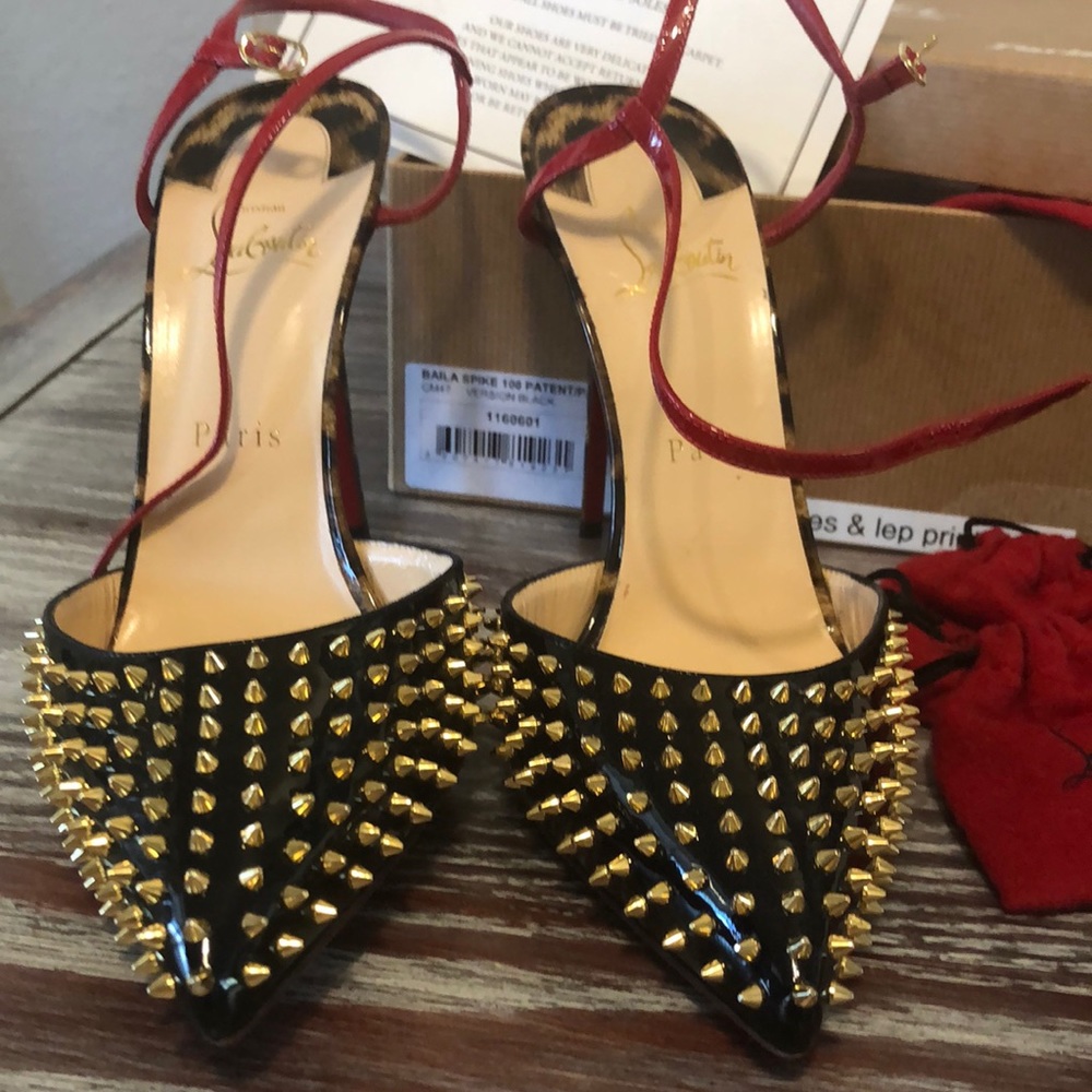 Christian Louboutin  black spike 100 patent leopard 50s